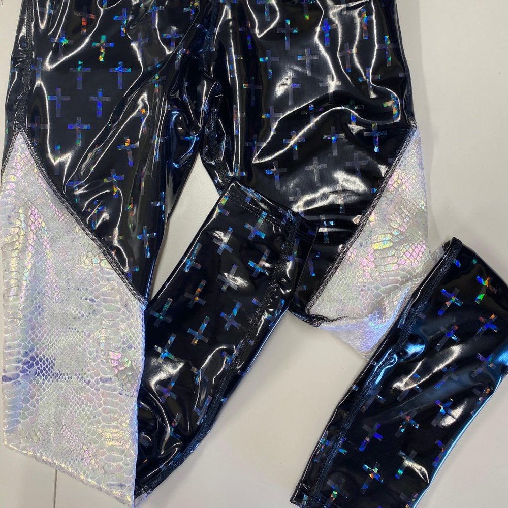 Black Vinyl Cross and White Snake High Waist Leggi